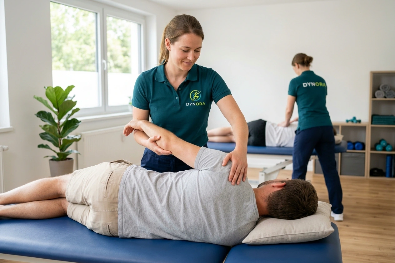Therapeutin bewegt den Arm eines seitlich liegenden Patienten und stabilisiert dabei sein Schulterblatt