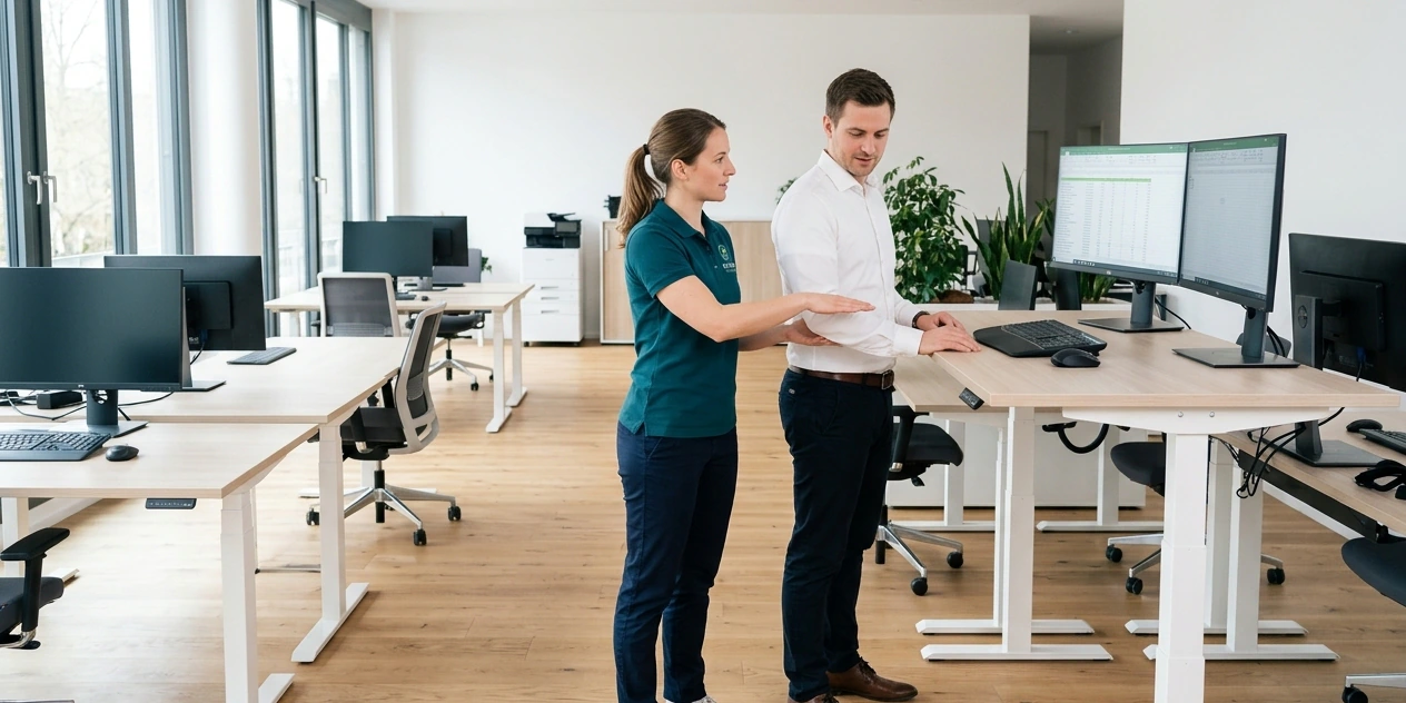 Physiotherapeut zeigt einer Mitarbeiterin die richtige Höhe ihres Stehschreibtischs
