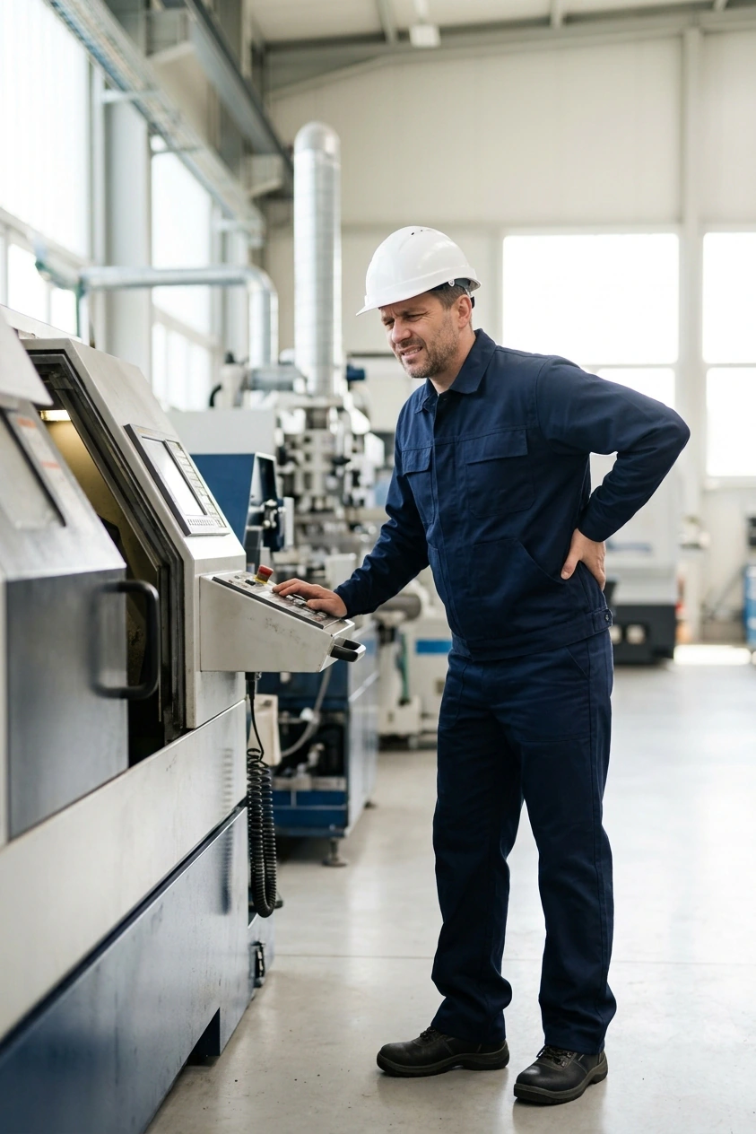 Arbeiter in der Werkhalle hält inne und greift sich an den schmerzenden unteren Rücken