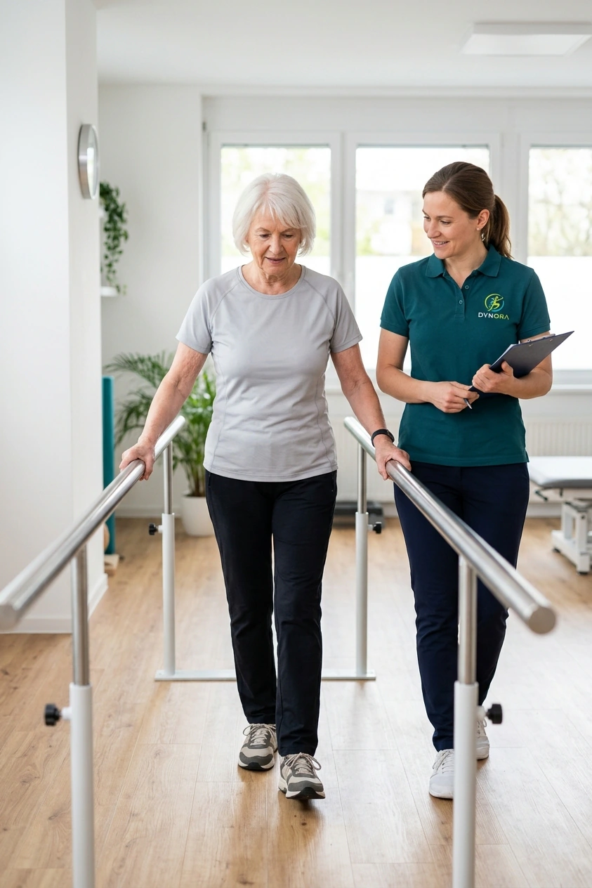 Therapeutin begleitet eine Patientin beim Gehtraining zwischen zwei Haltestangen