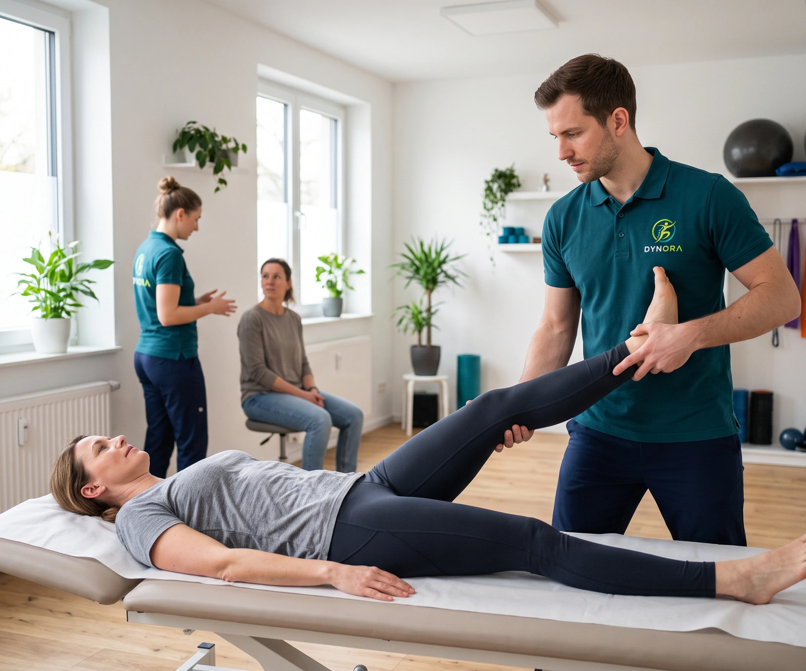 Therapeut hebt das gestreckte Bein einer liegenden Patientin zur Dehnung an