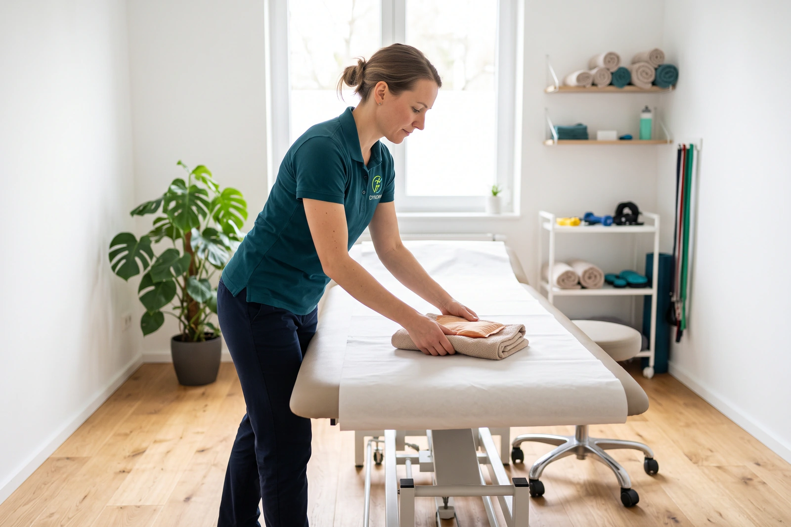 Behandlungsraum mit Therapieliege, eine Therapeutin legt eine warme Auflage bereit