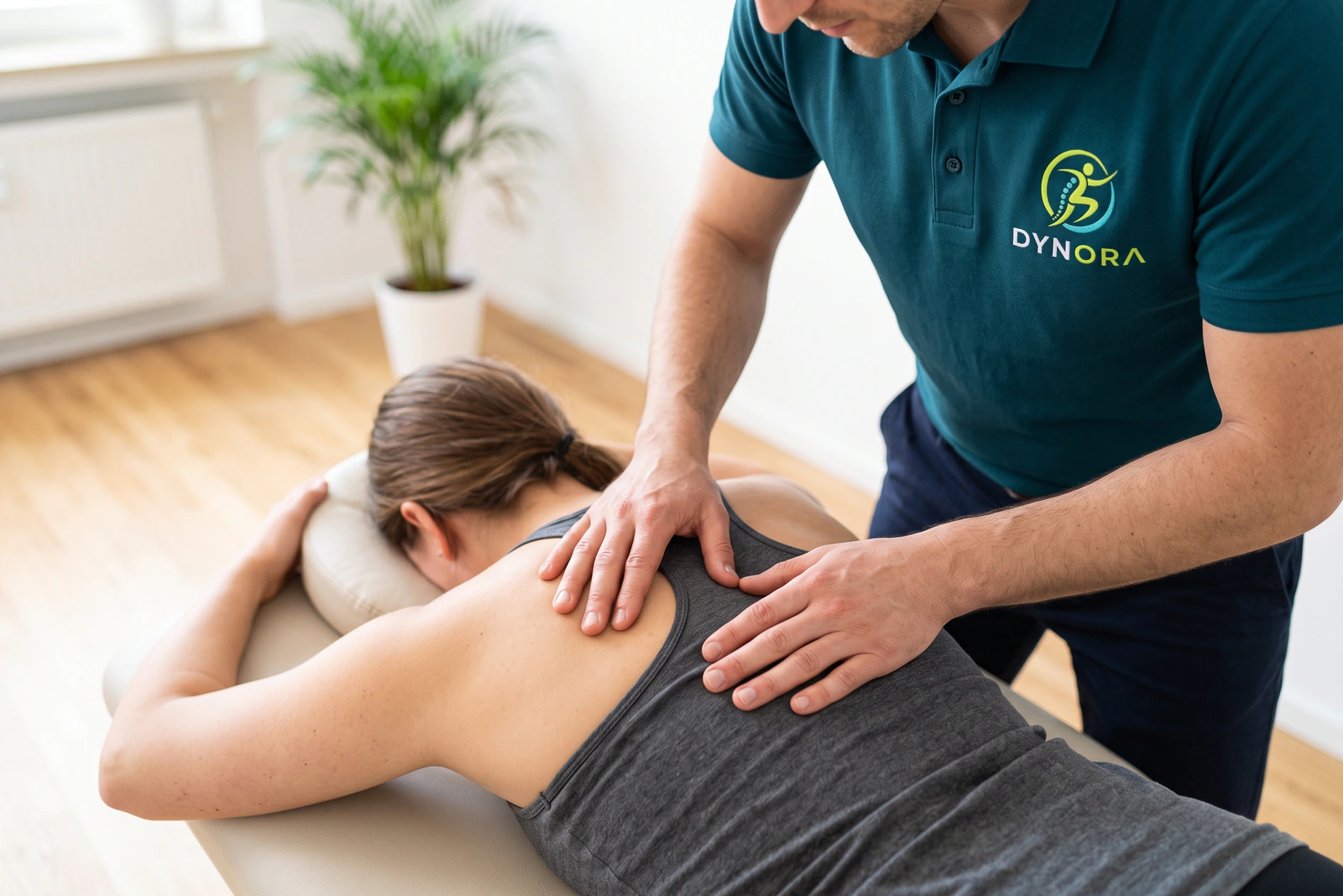 Die Hände eines Therapeuten arbeiten mit gezieltem Druck am oberen Rücken einer liegenden Patientin