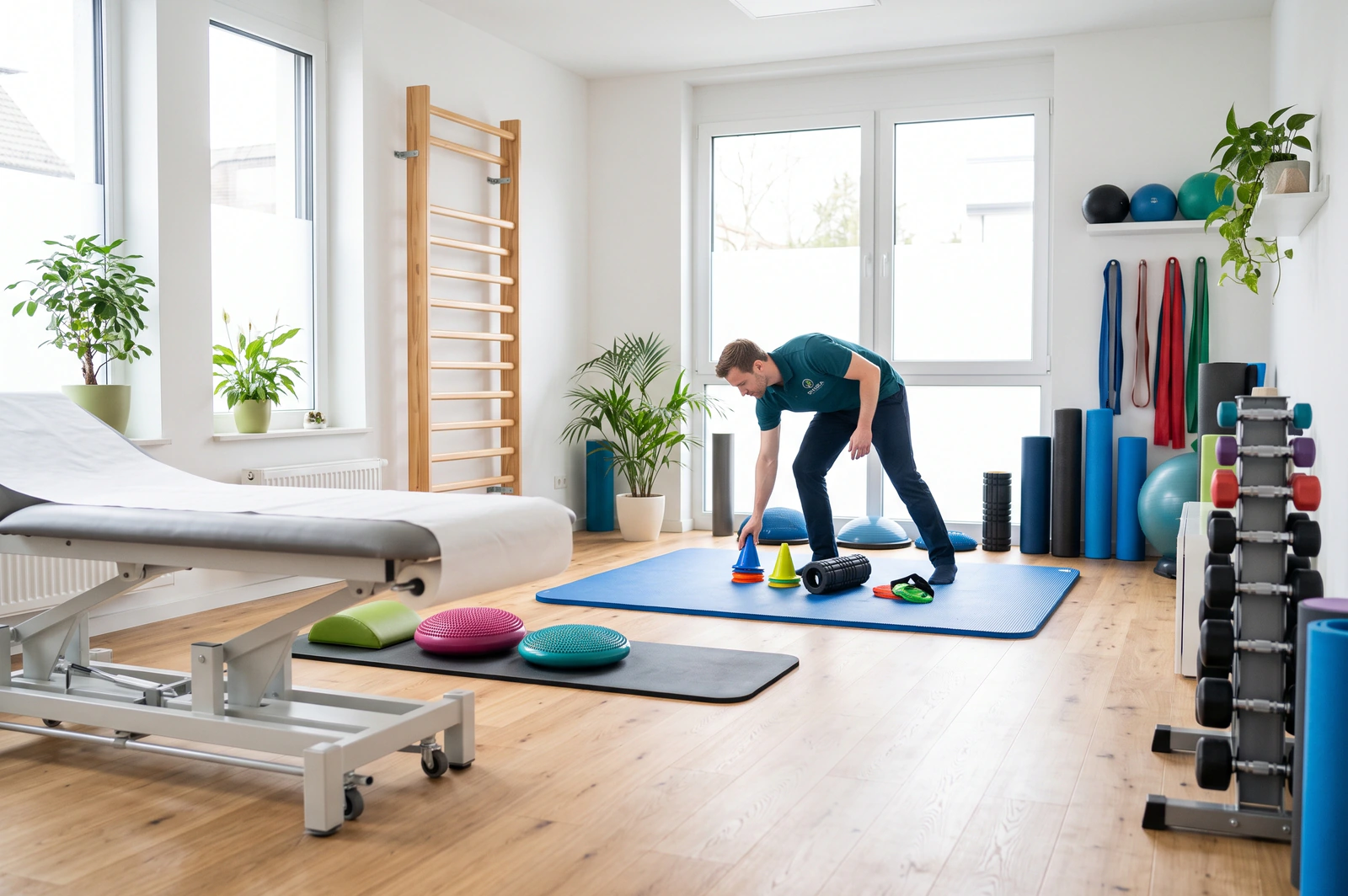 Heller Behandlungs- und Trainingsraum der Praxis mit Liege, Sprossenwand und Matten